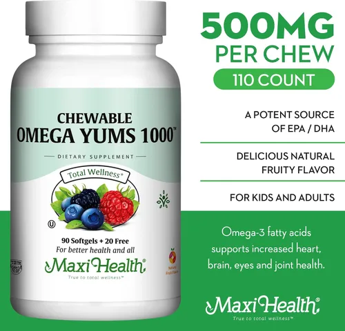Miniatura 2 de Maxi Health Omega Yums 1000 - Apto para niños, sabor afrutado, 110 cápsulas de cápsula blanda, Kosher
