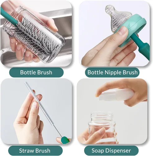 Miniatura 2 de Juego de cepillos portátiles para biberones con múltiples cepillos, dispensador de jabón, estante de secado de botellas plegable para 16 biberones