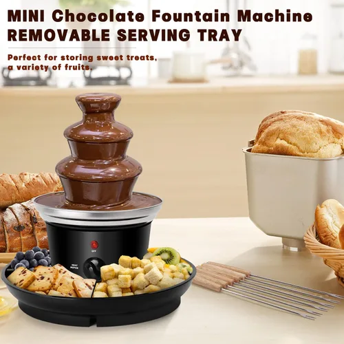 Miniatura 2 de Fuente de fondue de chocolate de 16 onzas, mini fuente de chocolate de 3 niveles con 6 tenedores de fondue y bandeja de extracción de frutas/frutos