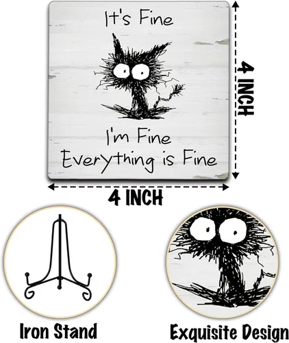 Miniatura 2 de Decoración de oficina en casa, regalos para mujeres y hombres, placa de madera humorística con soporte, decoración de escritorio de gato negro