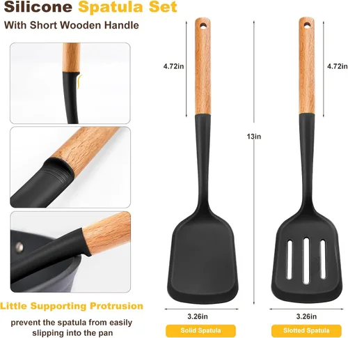Miniatura 2 de Juego de 2 espátulas de silicona con elegante mango de madera, resistente al calor, sólido y ranurado para sartenes antiadherentes, grandes Negro