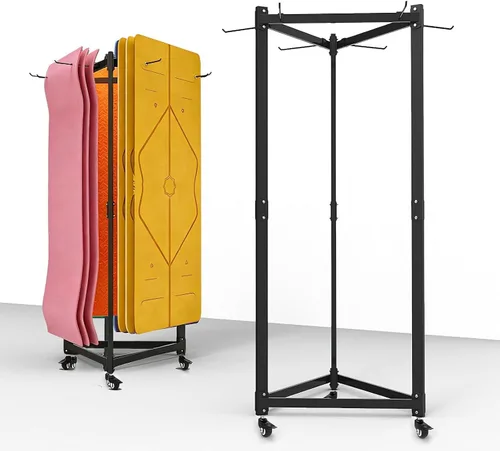 Miniatura 9 de Soporte para colchoneta de yoga colgante, carrito de almacenamiento de metal de doble cara sobre ruedas, estante para pilates de pie para gimnasio