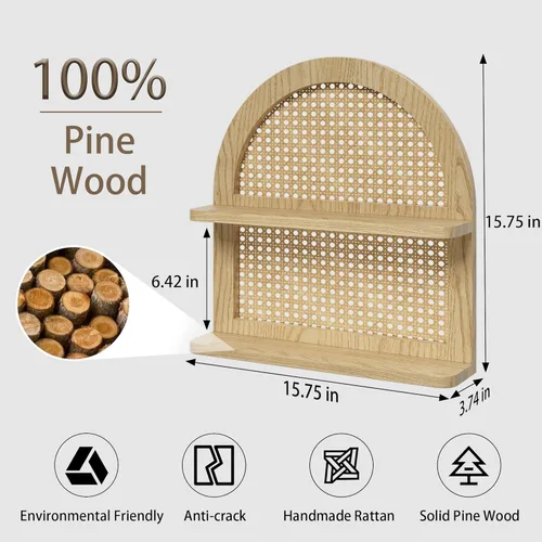 Miniatura 3 de Estante de pared de ratán bohemio de madera, estante flotante de mimbre arqueado de 2 niveles, estante bohemio de madera natural, estantes rústicos