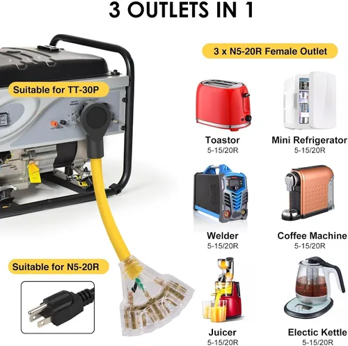 Miniatura 2 de Adaptador de 30 amperios a 20 amperios 110 Distribución RV NEMA TT-30P macho a 3X 5-20R enchufe hembra 30amp divisor de enchufe a 15Amp 5-15/5-20
