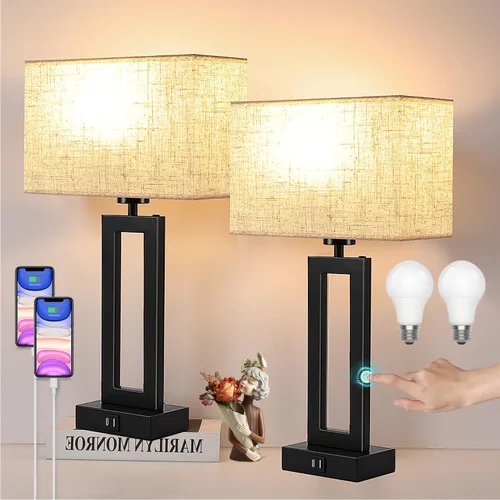 Miniatura 11 de Juego de 2 lámparas modernas para mesita de noche, con control táctil, USB C y A, regulables de 3 vías para dormitorios y sala de estar, gris y negro