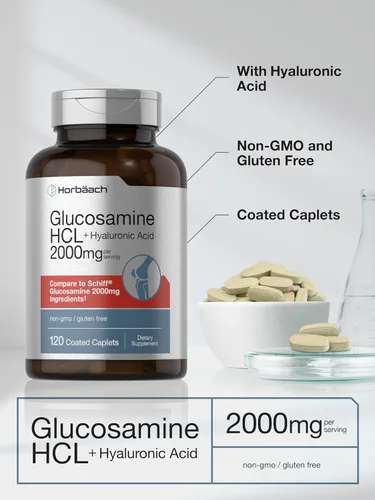 Miniatura 4 de Horbäach Glucosamina HCL con ácido hialurónico 2000 mg 120 comprimidos recubiertos Suplemento sin OMG y sin gluten