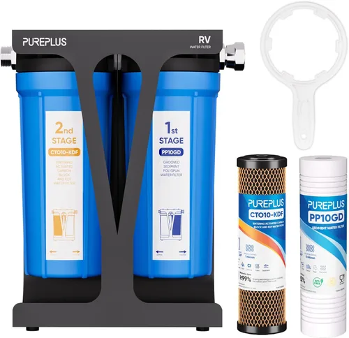 PUREPLUS Sistema de filtro de agua de doble etapa RV con sedimentos ranurados y cartuchos KDF/carbono, accesorios de acero inoxidable de 3/4