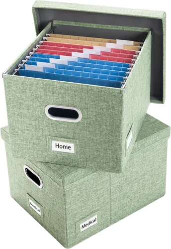 Miniatura 12 de PRANDOM Caja Organizadora de Archivos - Juego de 2 Cajas Plegables Decorativas de Lino para Almacenamiento de Archivos Colgantes con Tapas para Gris