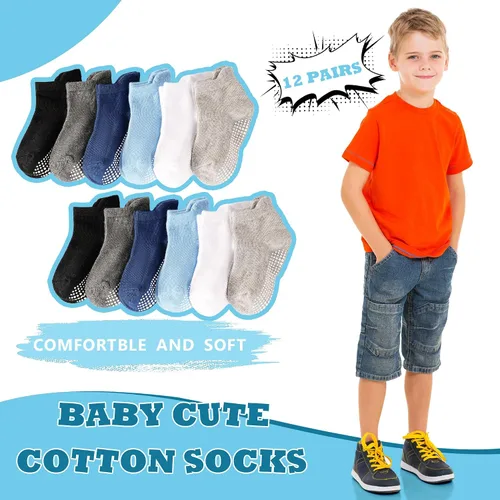 Miniatura 5 de Tphon Calcetines antideslizantes para niños pequeños, 12 pares de calcetines de agarre para niños y niñas, calcetines de tobillo con agarre