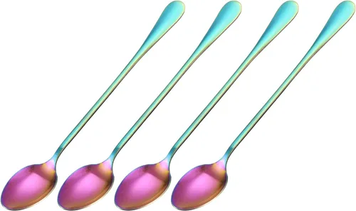 Miniatura 12 de uxcell Juego de 4 cucharas de mango largo, cuchara de helado de acero inoxidable de 7.5 pulgadas, cucharas de café para mezclar, bebidas, café (azul)