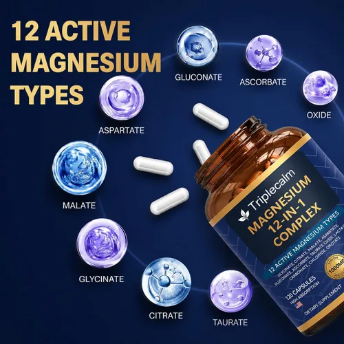 Miniatura 2 de Complejo de magnesio 12 en 1 para mujeres y hombres, suplemento de magnesio de alta absorción de 1000 mg con glicinato, citrato, malato y taurato