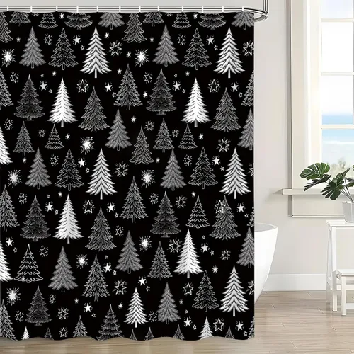 Miniatura 8 de Cortina de ducha con diseño de árbol de Navidad, color negro y blanco, diseño de árbol de Navidad retro, copo de nieve, diseño de pino de Año Nuevo