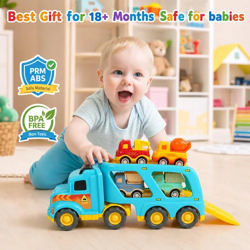 Miniatura 2 de Veslier Camiones de Juguete para Niños de 2, 3, 4, 5 Años, Camiones de Construcción y Transporte para Niños Pequeños de 2-4 Años con 4 Coches