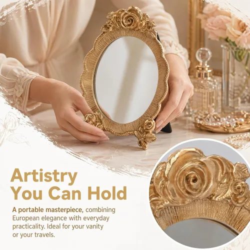 Miniatura 3 de HEALLILY Espejo de maquillaje ovalado de resina, portátil, estilo europeo, espejo cosmético de mano con marco de alivio de rosas, ligero