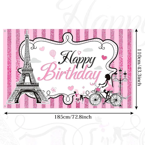 Miniatura 2 de Telón de fondo de fotos de París, tapiz de pared de la Torre Eiffel, decoración de fiesta de cumpleaños con temática de París, pancarta rosa