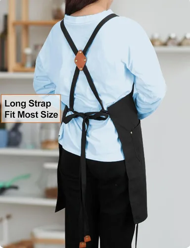 Miniatura 4 de Delantales negros con espalda cruzada para mujeres y hombres, correas largas ajustables, bolsillos grandes, delantal impermeable de lona