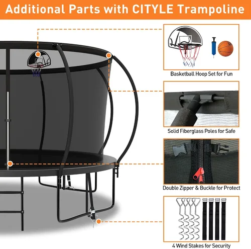 Miniatura 5 de Trámpolines de 1500 libras 8 10 12 14 15 16 pies para niños y adultos con red de protección, estacas para viento, aro de baloncesto, trámpolines
