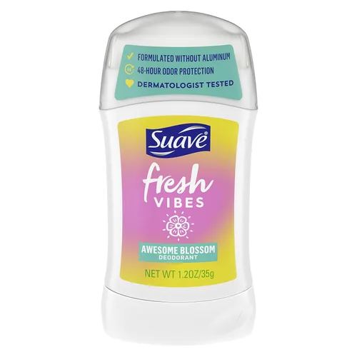 Suave Fresh Vibes - Desodorante en barra con aroma a flor impresionante, sin aluminio, protección contra olores de 48 horas, 1.2 onzas
