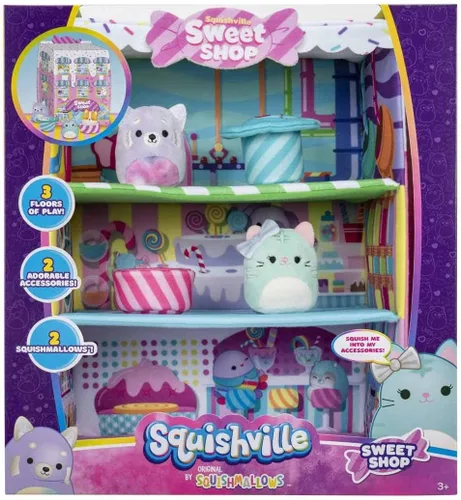 Miniatura 2 de Squishville de Original Squishmallows Sweet Shop - Set de juego con Priya la Panda Púrpura de 5 cm, Tres’zure el Gato Azul y Mesa y Silla de Bistro