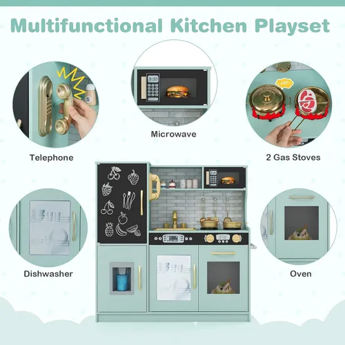 Miniatura 6 de Juego de cocina, juguete de cocina de madera para niños con microondas, nevera, horno fácil de hornear, pizarra y máquina de hielo, juguetes de Verde