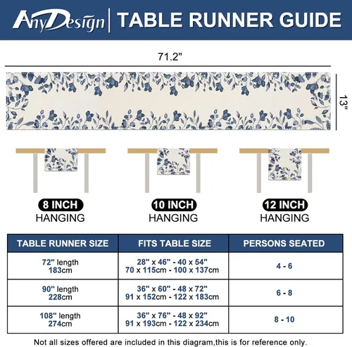 Miniatura 7 de AnyDesign Camino de mesa azul y blanco de 13 x 71.2 pulgadas, hojas de plantas azules, cubierta de mesa de acuarela, cocina, comedor, decoración