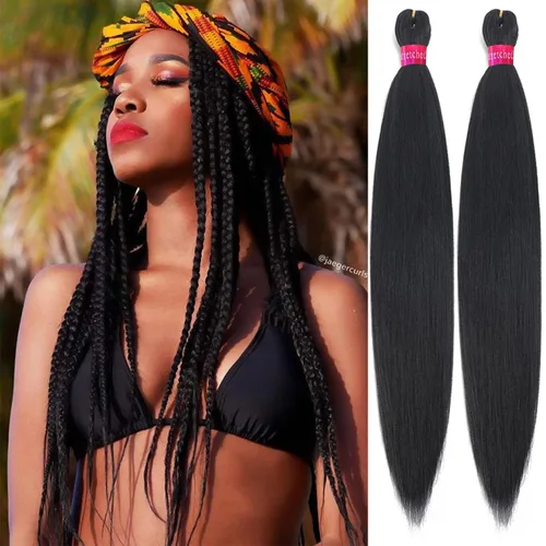 Extensión de cabello trenzado negro, 28 pulgadas, cabello trenzado preestirado para trenzas de cabello, 2 paquetes de cabello sintético con textura