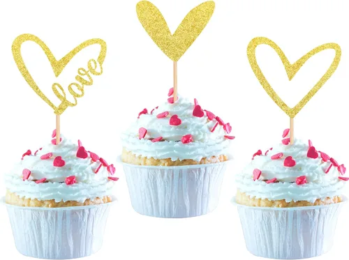 Miniatura 21 de Paquete de 24 adornos para cupcakes con purpurina en forma de corazón con temática de amor dulce, decoración de pasteles para el día de San