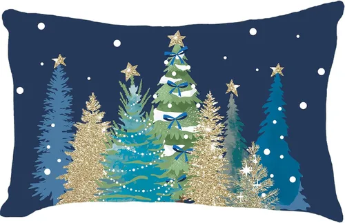 Funda de Almohada Decorativa Azul de Feliz Navidad, 12X20 Pulgadas, Búfalo Colorido, Árboles de Navidad, Copo de Nieve, Decoración Navideña, Funda