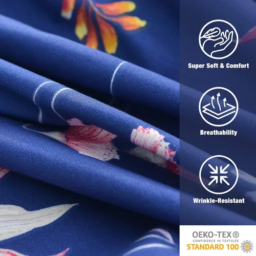 Miniatura 4 de JSD Juego de sábanas con estampado floral azul marino, 6 piezas, sábanas de microfibra suave con patrón botánico, bolsillo extra profundo