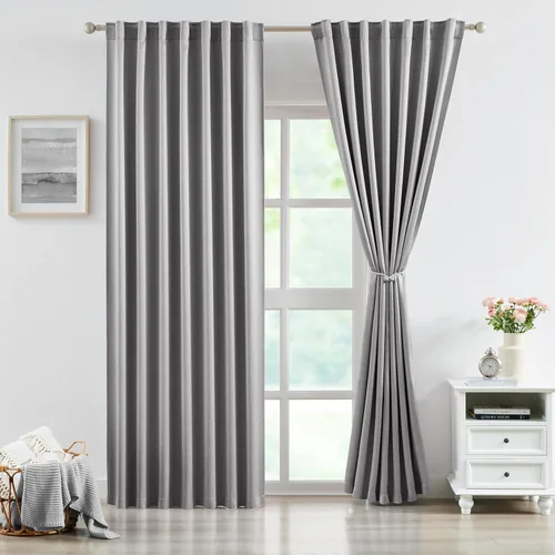 Miniatura 15 de Bujasso Cortinas de jacquard negras con bolsillo para barra, pestaña trasera y lazos de lujo, cortinas aisladas térmicamente para oscurecer