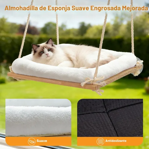 Miniatura 5 de Percha para ventana de gato, hamaca para ventana para gatos con asiento de madera maciza, 4 ventosas resistentes, cojín de felpa, cama