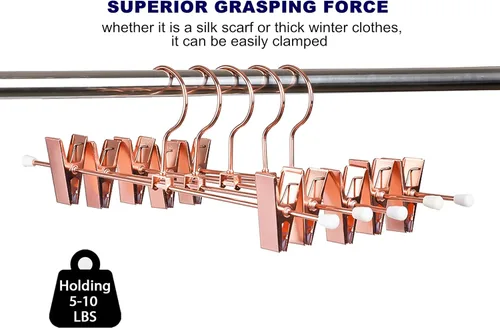Miniatura 4 de Amber Home Paquete de 24 perchas de metal color oro cobre rosa de 12 pulgadas para pantalones con 2 clips antideslizantes ajustables y gancho