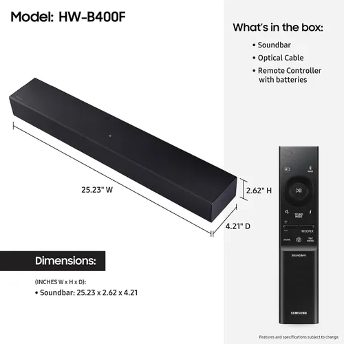 Miniatura 6 de Samsung Barra de sonido de la serie B HW B400F 2.0 ch Barra de sonido con subwoofer integrado (modelo 2025) un control remoto, expansión de sonido