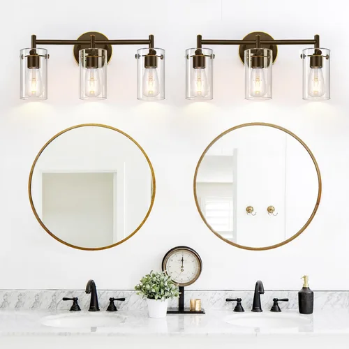 Miniatura 4 de Lámparas de baño de 3 luces actualización 2023, luces de tocador modernas de bronce frotado con aceite con pantalla de vidrio transparente, apliques