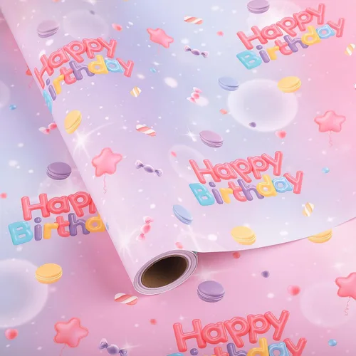 Miniatura 17 de woric Papel de regalo reversible de cumpleaños para niños y niñas, 17 pulgadas x 36 pies, papel de regalo con letras de feliz cumpleaños para azul