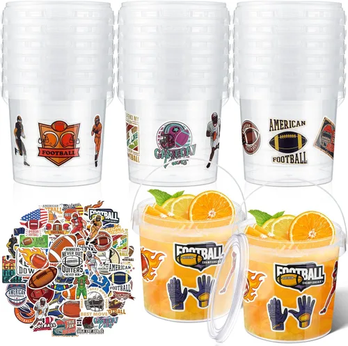 Miniatura 19 de PerKoop 20 cubos de helado de 32 onzas con tapas y asas, cubos transparentes de ron de cóctel con calcomanías, tina transparente de plástico