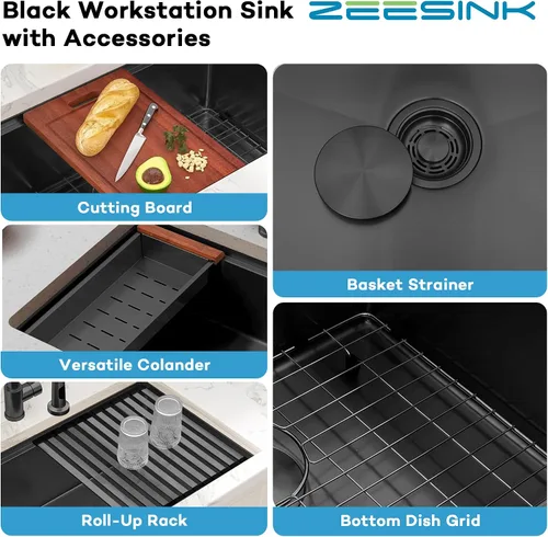 Miniatura 6 de Fregadero de Cocina de Doble Tazón 30" X 18", Fregadero de Cocina Negro de Montaje Inferior, Fregaderos Dobles de Montaje Inferior de Acero Acero