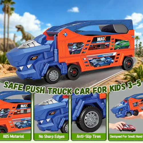 Miniatura 6 de Juguetes de Camión de Dinosaurios para Niños de 3-5 - Camión Transportador con 6 Autos de Juguete Fundidos a Presión, Camión 3 en 1 con 2 Pistas