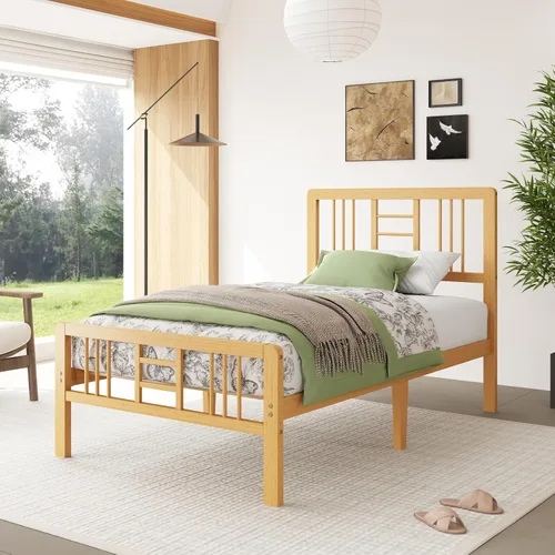 Miniatura 9 de Marco de cama de madera de bambú de 12 pulgadas con cabecero y estribo, marco de cama con soporte de listones de metal, resistente, no necesita
