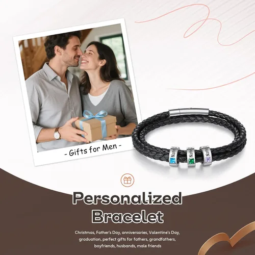 Miniatura 10 de Pulsera personalizada para el Día del Padre para hombre, pulseras personalizadas de cuero trenzado negro con cuentas grabadas de 1 a 8 nombres