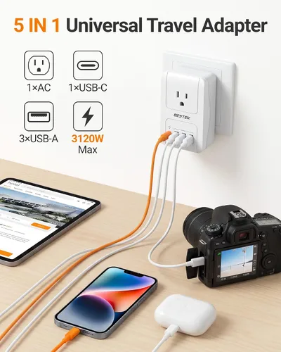 Miniatura 3 de BESTEK Adaptador de viaje universal, adaptador de corriente internacional con 1 tomacorrientes, 4 puertos de carga USB (1 USB C PD 35W), enchufes