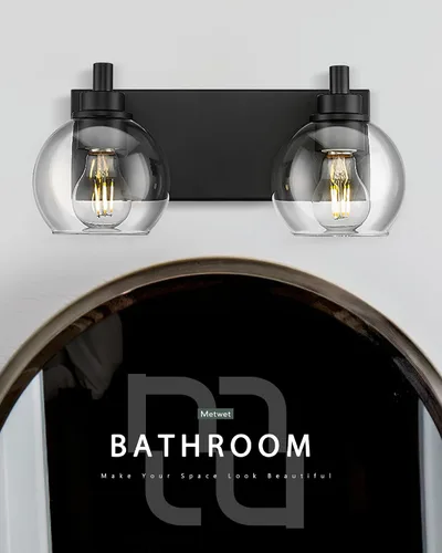 Miniatura 4 de Accesorios de iluminación de baño, luz de tocador mate negra de 2 luces, apliques de pared modernos con pantalla de globo de vidrio transparente