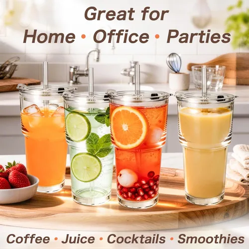 Miniatura 2 de 20oz Clear Glass Cups with Lids and Straws, Reusable Iced Coffee Cups, Drinking Tumblers for Cocktail Beer, Juice, Smoothie, Water, Party Gifts