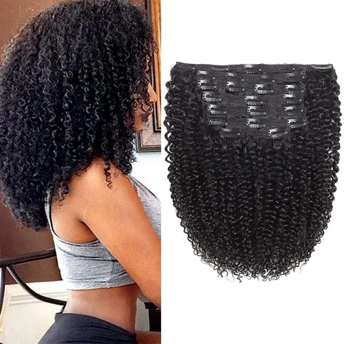 Miniatura 18 de Extensiones de cabello rizado kinky con clip para mujeres negras 14 pulgadas 2# marrón oscuro extensiones de cabello rizado con clip cabello humano