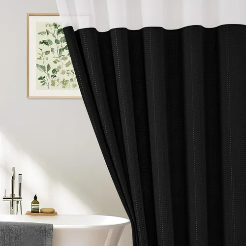 Miniatura 7 de UFRIDAY Cortina de ducha de tejido gofre, 72 x 72 pulgadas, cortina de baño estilo hotel con ventana de malla, cortina de ducha de tela gruesa