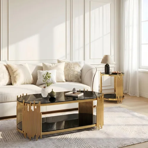Miniatura 10 de 2-Tier Gold Glass Coffee Table, Modern Oval Coffee Table with Clear Tempered Black Shelves and Stainless Steel Frame, Luxury Center Tables for