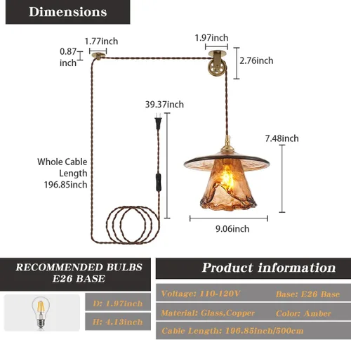 Miniatura 6 de YLONG-ZS Lámpara colgante de cristal vintage enchufable, moderna polea de latón dorado, luces colgantes de techo para isla de cocina, comedor, sala