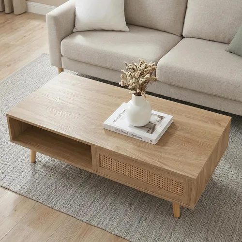 Miniatura 4 de IANIYA Mesa auxiliar bohemia de 41 pulgadas, mesas centrales rectangulares de madera, mesa de sala de estar con puerta corredera de ratán y patas