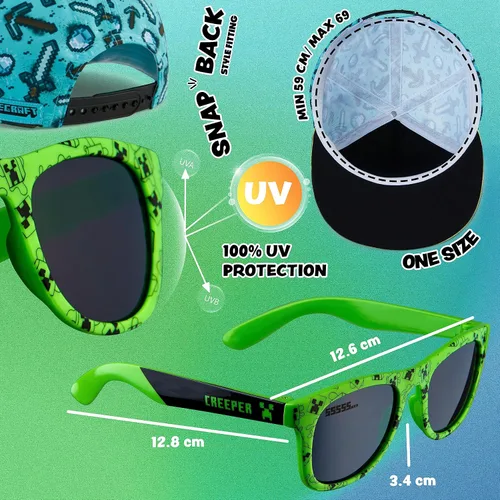 Miniatura 6 de Minecraft Juego de gorra de béisbol y lentes de sol para niños, sombrero ajustable para niños, 100% protección UV, lentes de sol para niños