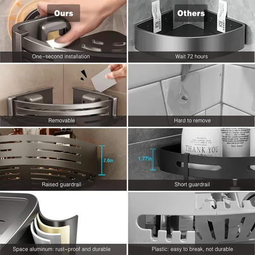Miniatura 4 de Voldra Organizador de Ducha de Ventosa, 1 Paquete de Estantes de Ducha para Ducha Interior Sin Taladro, Organizador de Ducha de Sujeción de Aluminio